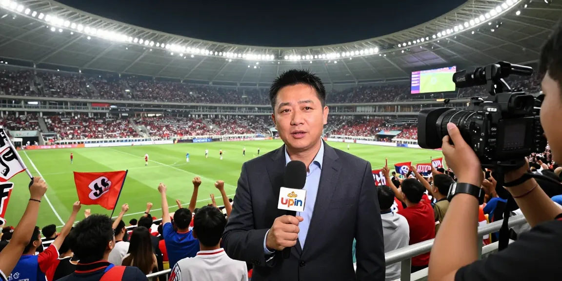 Journalist reporting live on sports news, showcasing Media Upin in a vibrant stadium setting.