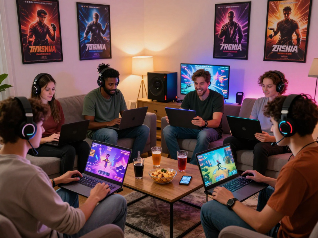 Friends enjoying porngames together in a cozy living room setting with multiple devices and vibrant game visuals.