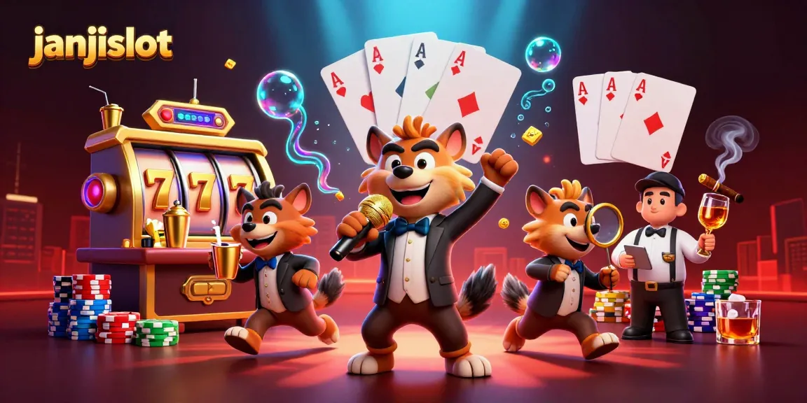 Experience the excitement of janjislot with hyenas enjoying casino fun amidst slot machines and vibrant game elements.