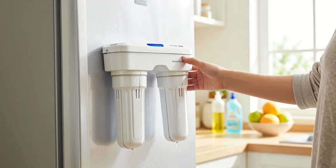 Installing the Maxblue ADQ73613401 Refrigerator Water Filter in a bright kitchen.
