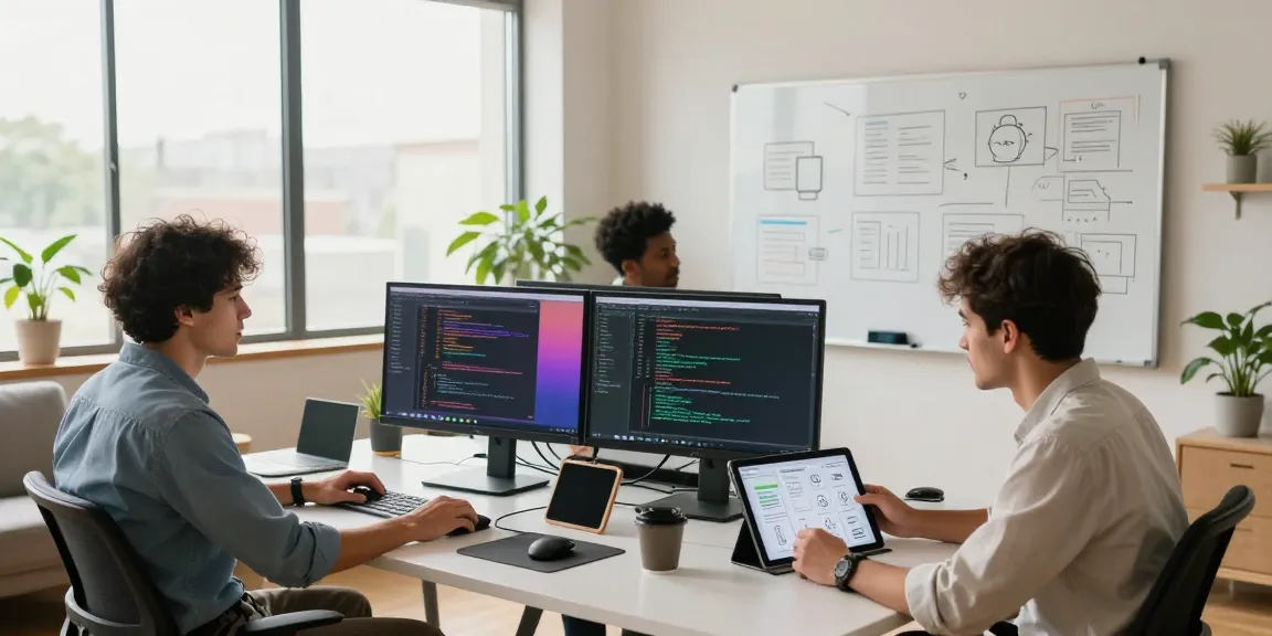 Developers in a vibrant workspace build Android apps from scratch, collaborating with dual monitors and a tablet.
