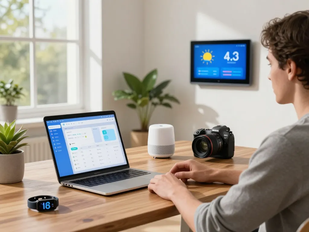 Engaged individual managing smart tech gadgets in a modern home office setup, showcasing smart speakers, laptop, and fitness tracker.