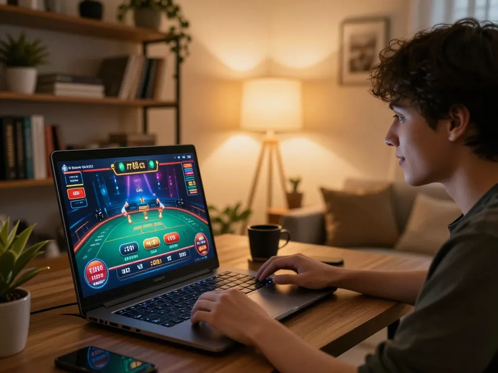 Player engaging in exciting online gaming at rr88co with cozy ambiance and vibrant game interface.