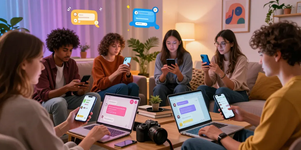 Engaging NSFW AI chat scene with diverse young adults using personal devices in a vibrant atmosphere.
