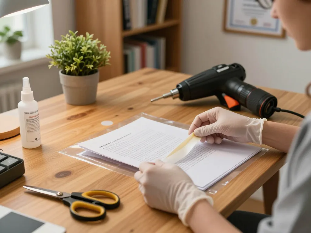 Cách tháo giấy ép nhựa demonstrated by an individual in a neat home office, carefully removing laminate from a document while showcasing essential tools.