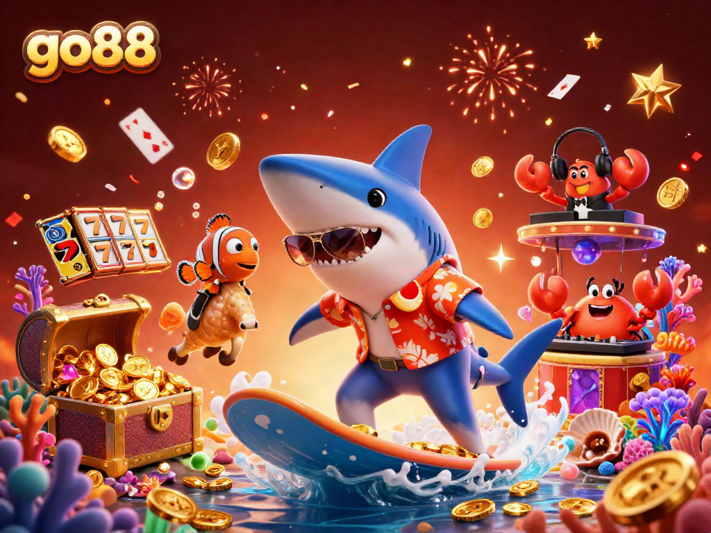 Experience the excitement of go88 with a vibrant underwater casino scene featuring engaging characters and festive elements.