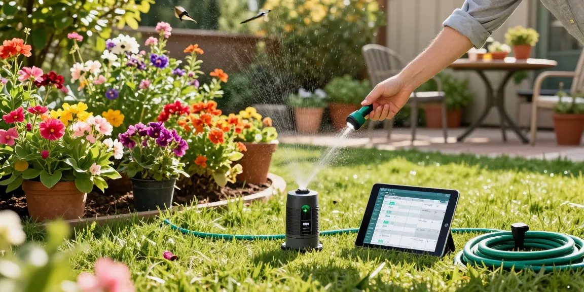 Homeowner using rainpoint water timer for easy garden maintenance with vibrant flowers and greenery.