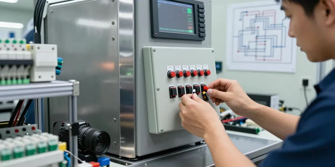 Technician installing a capacitive switch in a modern manufacturing setup, showcasing precision engineering.
