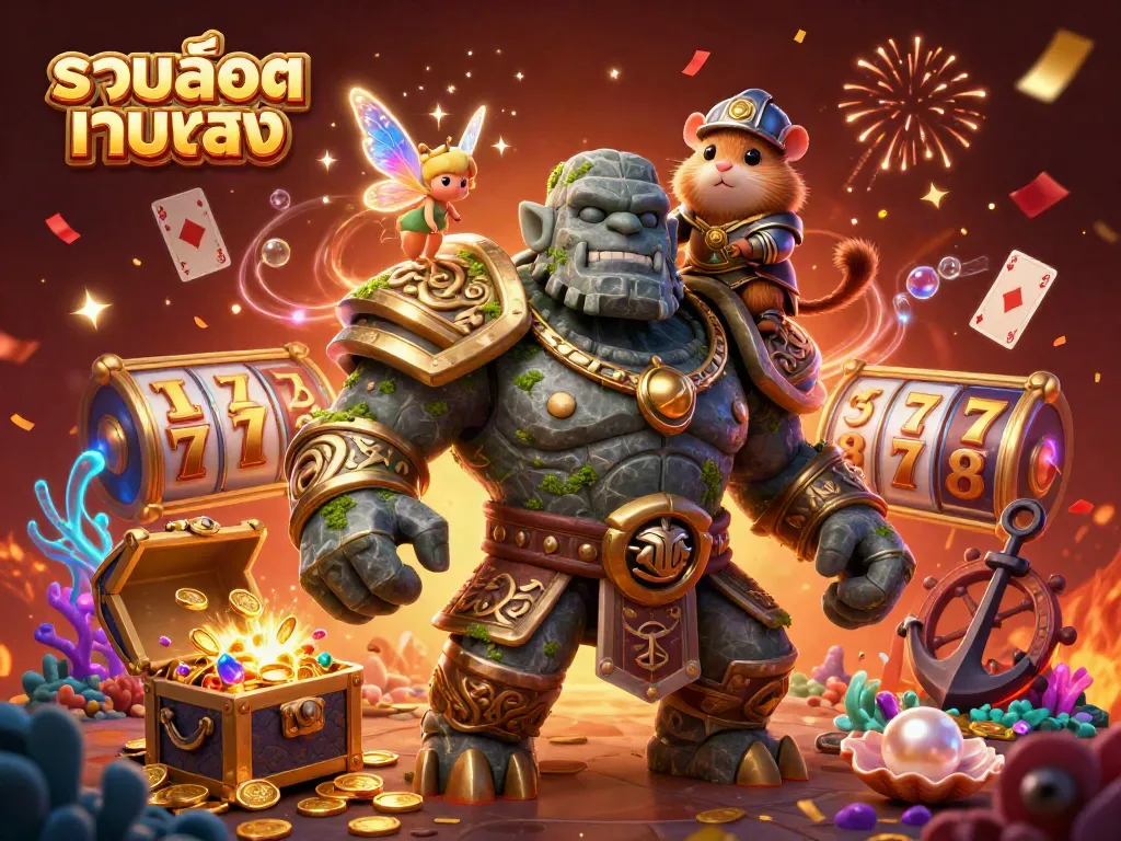 Experience thrilling wins at รวมสล็อตเว็บตรง with a vibrant illustration featuring game guardians, magical elements, and jackpot excitement.