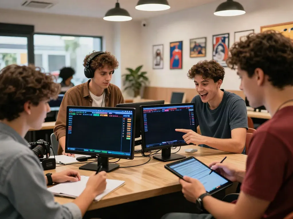 Parsbet ile spor bahislerinin yapıldığı modern bir ofiste gençlerin heyecanlı sohbeti.