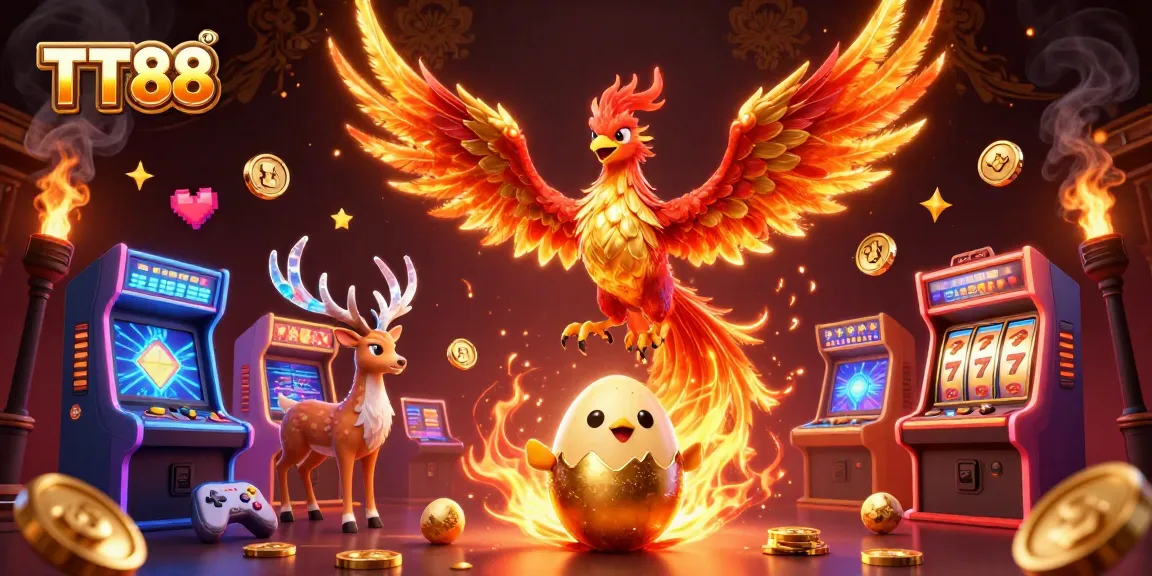 Engage with TT88's vibrant casino gaming world featuring a fire phoenix soaring with exciting game elements.