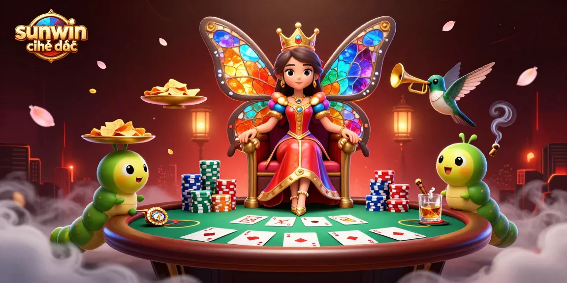 Join the fun at sunwin chính thức with a vibrant casino scene featuring a butterfly queen and poker chips.