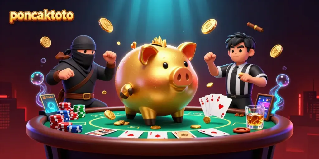Tunjukkan keseruan dalam Puncaktoto dengan ilustrasi karakter lucu dan perlengkapan poker berwarna-warni.