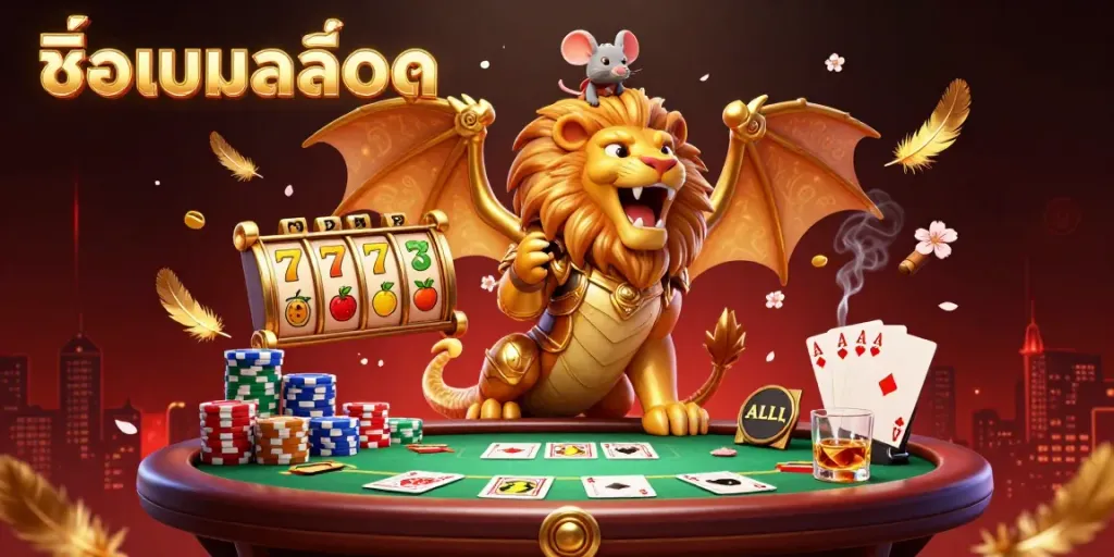 Experience excitement with the slot game "ชื่อเกมสล็อต" featuring a triumphant chimera and dynamic casino elements.