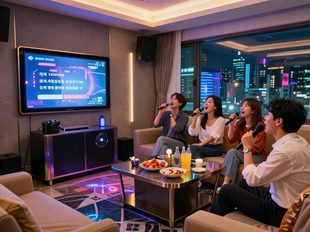 강남 유앤미 프라이빗 룸에서 노래를 부르고 있는 친구들, 아늑한 분위기와 다채로운 조명이 돋보입니다.