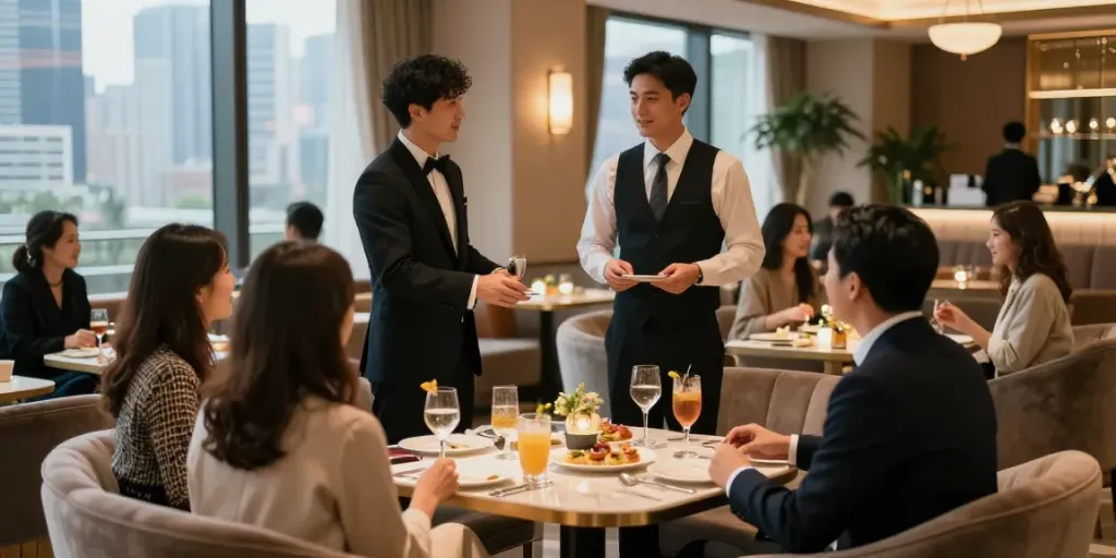 강남 타이밍의 고급스러운 라운지에서 손님을 맞이하는 모습