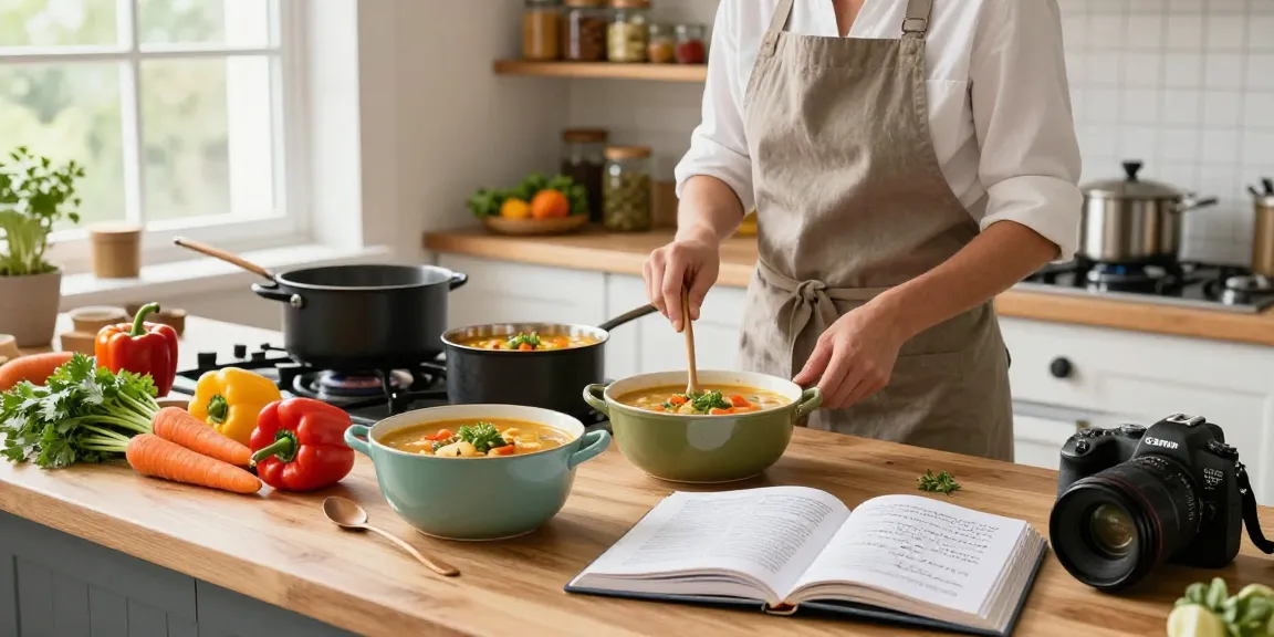 Köstliche vegane Suppen werden in einer gemütlichen Küche zubereitet, die frisches Gemüse und eine einladende Atmosphäre hervorhebt.
