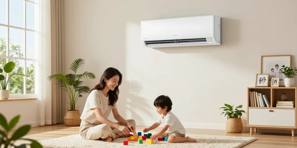 Family enjoying summer indoors with mini split 18000 BTU AC unit providing comfort.