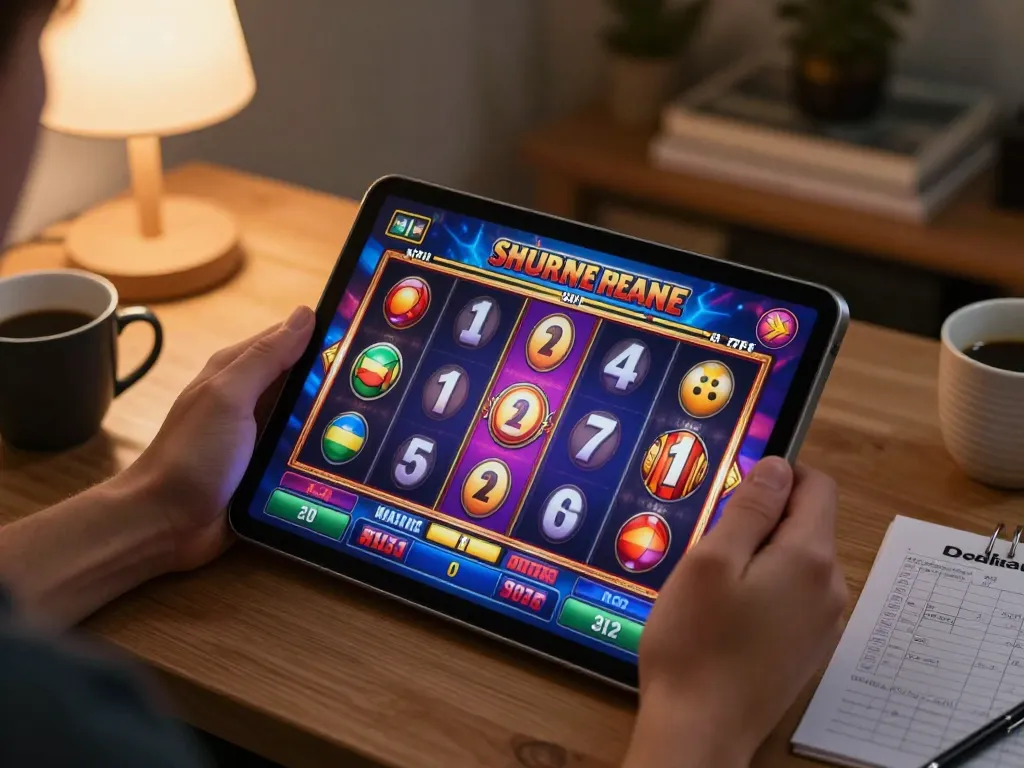 Engaging online gambling moment with slot deposit 1000 strategy in cozy home setting.