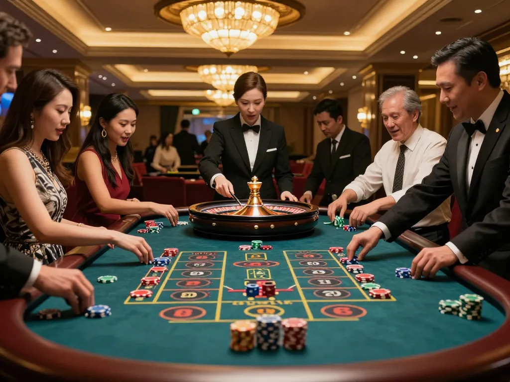 Players engage at a roulette table in a situs gacor casino, showcasing excitement in a vibrant gambling atmosphere.