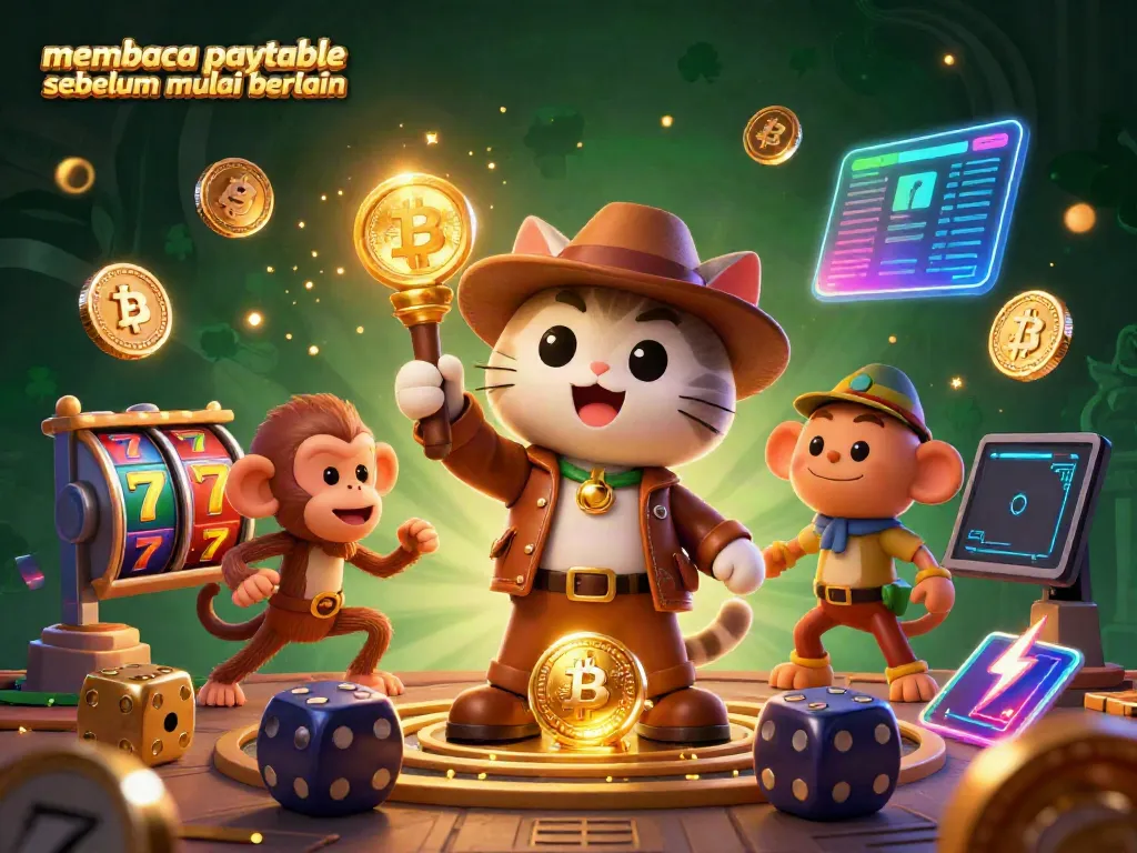 Membaca paytable sebelum mulai bermain dengan karakter kucing arkeolog dan teman monyet di kasino.