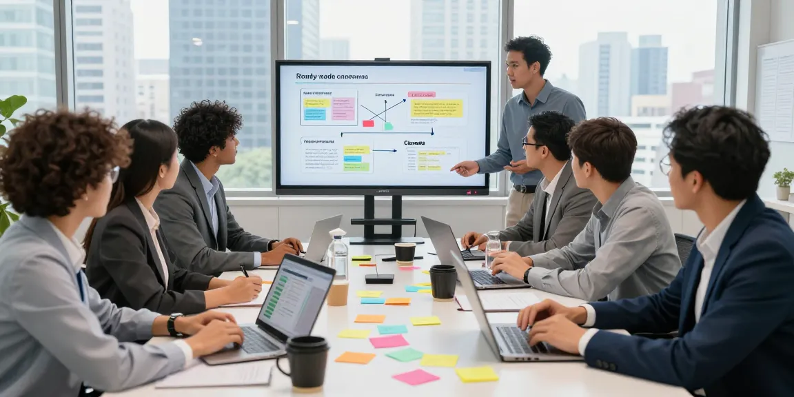 Team discussing ready-made ad campaigns in a modern office setting
