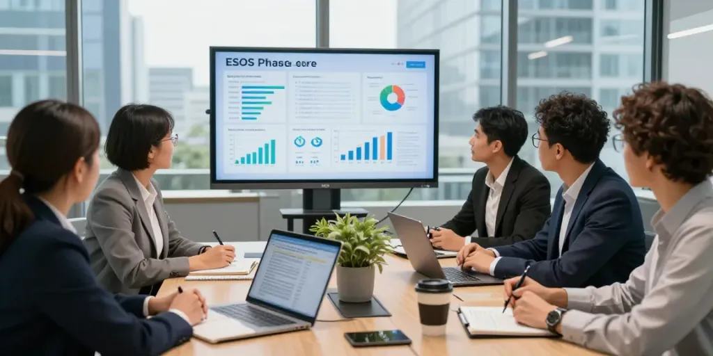 Team strategizing ESOS Phase 4 compliance in modern office
