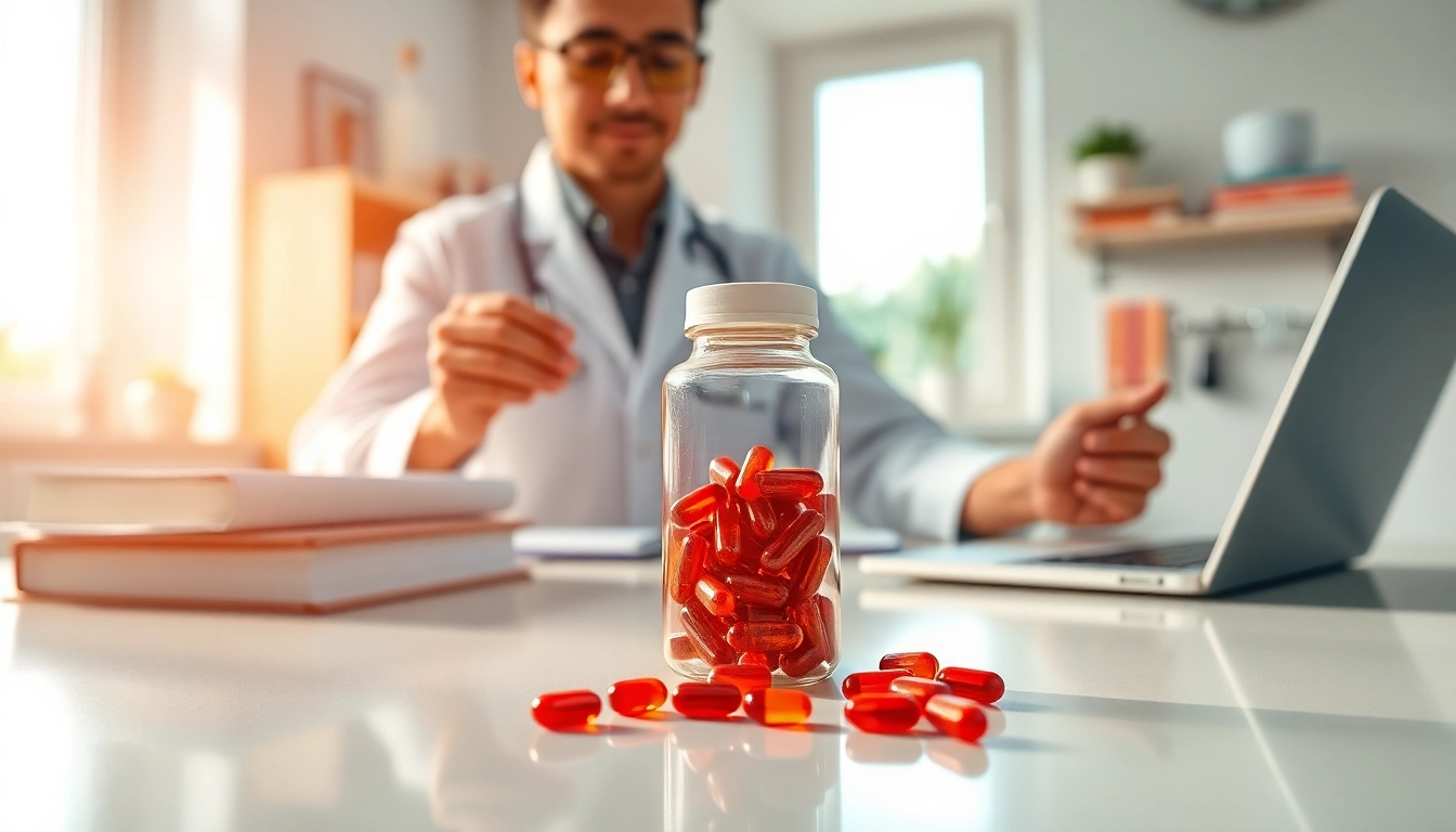 Taking astaxanthin daily, with a nutritionist examining astaxanthin capsules in a vibrant lab.