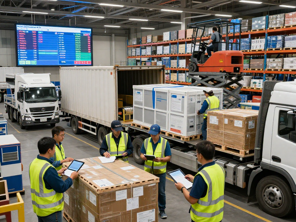 Transportunternehmen Dortmund in Aktion: Logistikteam koordiniert internationale Transporte mit digitaler Technik und Warenladungen.