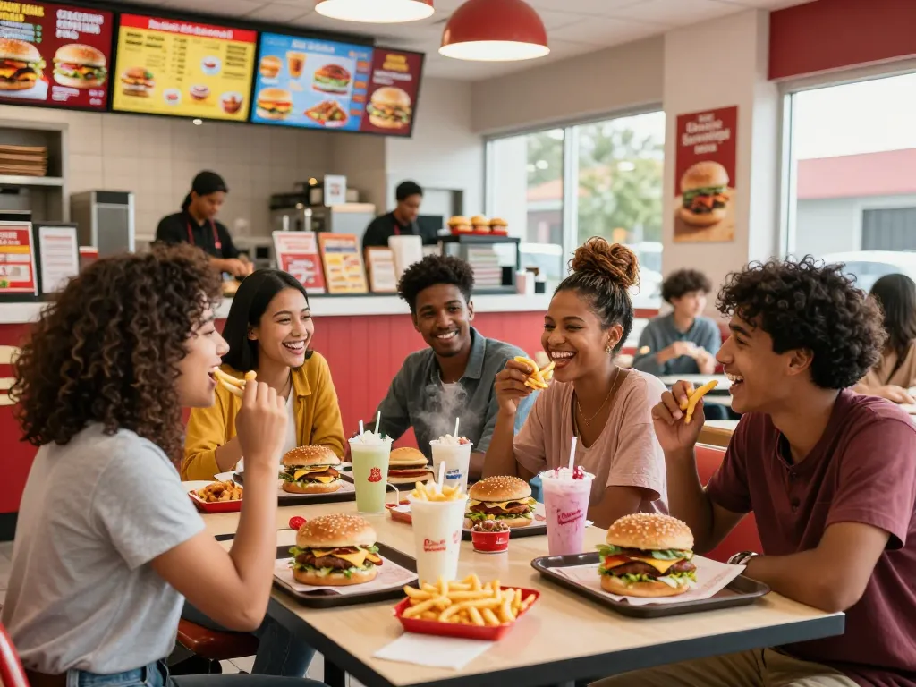 Friends enjoying a fast food menu with burgers and fries in a lively restaurant atmosphere