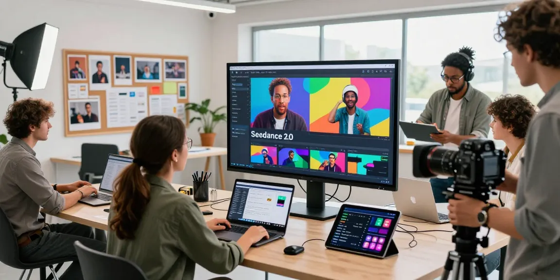 Creators collaborating on video content using ai seedance 2.0 in a modern studio.