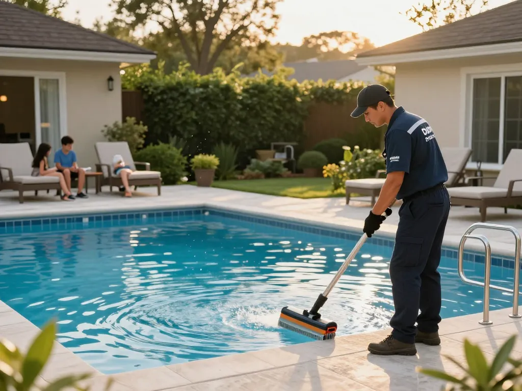 Dolphin Pool Services technician inspecting a residential pool during golden hour, showcasing quality maintenance.