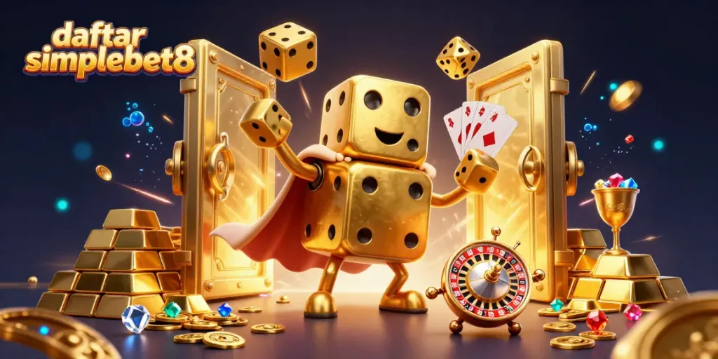 Experience the thrill of daftar simplebet8 with a dynamic 3D casino illustration capturing a golden dice golem and treasure.