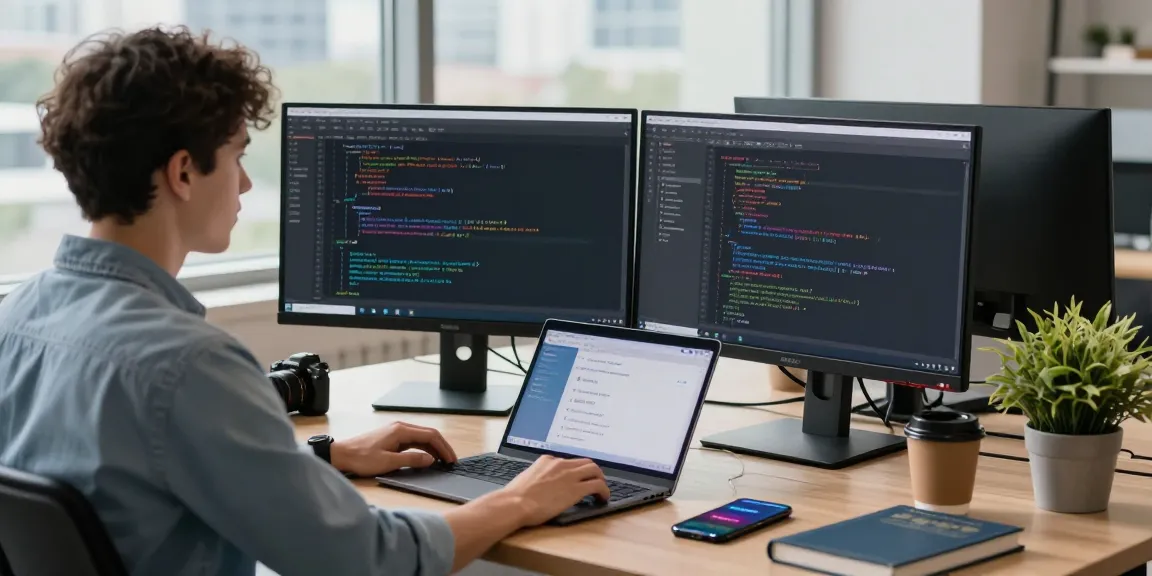 Developer coding the 纸飞机中文版 application in a modern workspace with dual monitors and vibrant urban views.