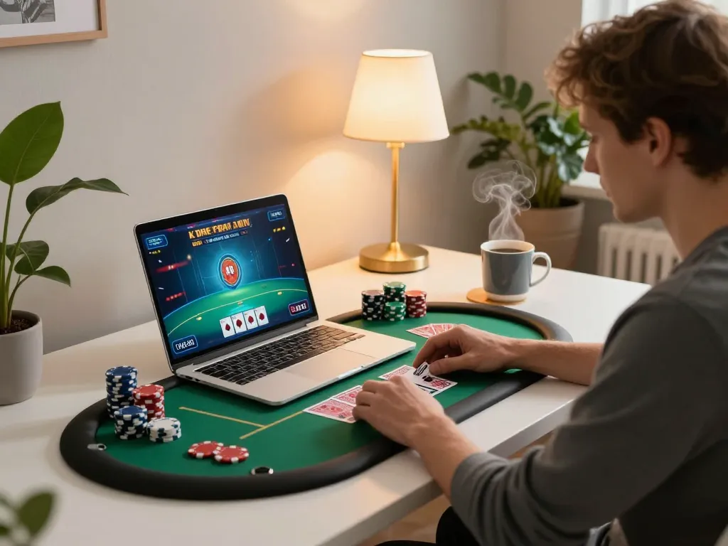 Engaging online poker gameplay at home with muraibet on screen, showcasing strategy and excitement.