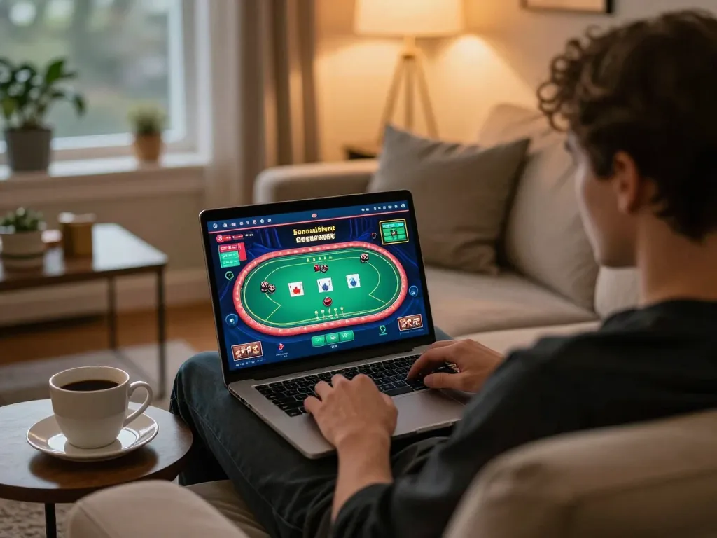 Play poker at online casinos in Canada from a cozy home setup, focusing on strategy and engagement