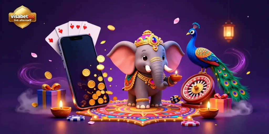 Engage with the excitement of gambling at visabet88 link alternatif with a vibrant 3D illustration showcasing colorful slot games and festive elements.