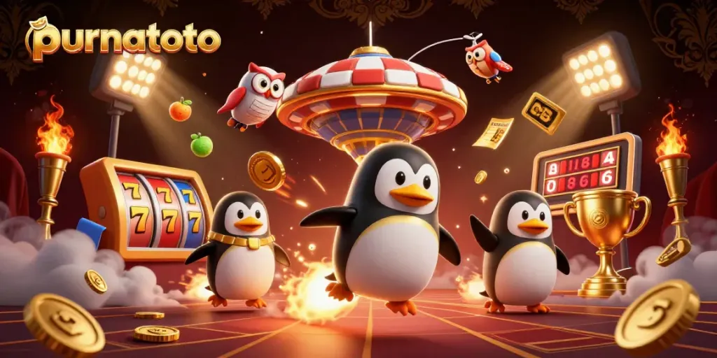 Purnatoto menghadirkan pemandangan spektakuler dengan penguin emas roket dan simbol slot berkilau di luar angkasa.