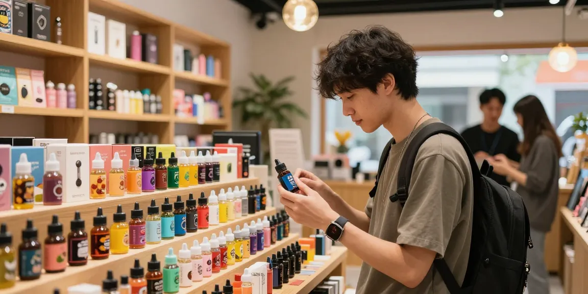 Exploring colorful 電子煙油 options in a cozy vape shop atmosphere.