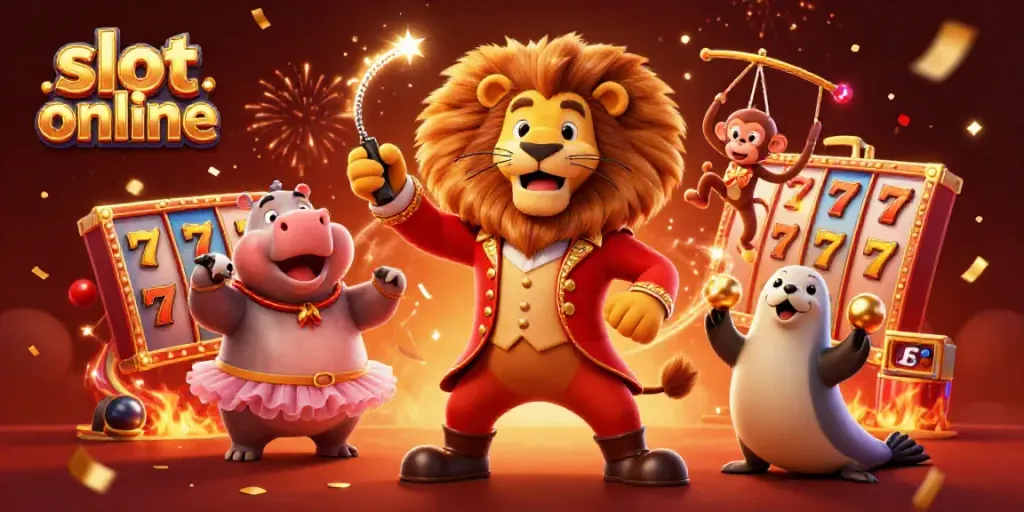 Mainkan slot online dengan singa dan karakter ceria yang menghibur dalam suasana penuh kemeriahan.