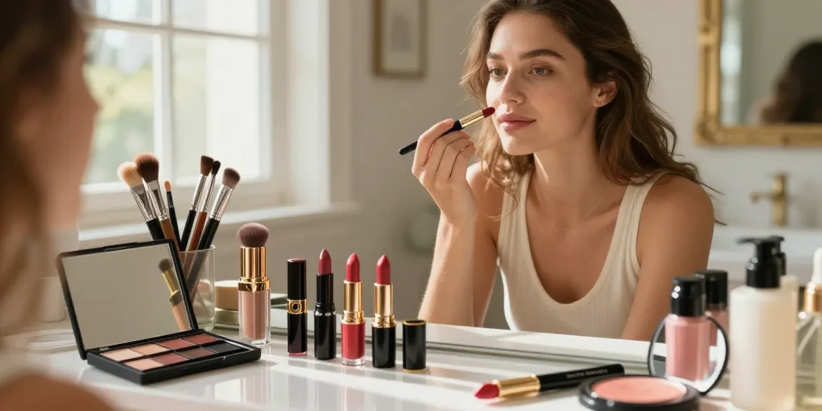 Model applying wholesale make up in a warmly lit bathroom, surrounded by beauty tools.