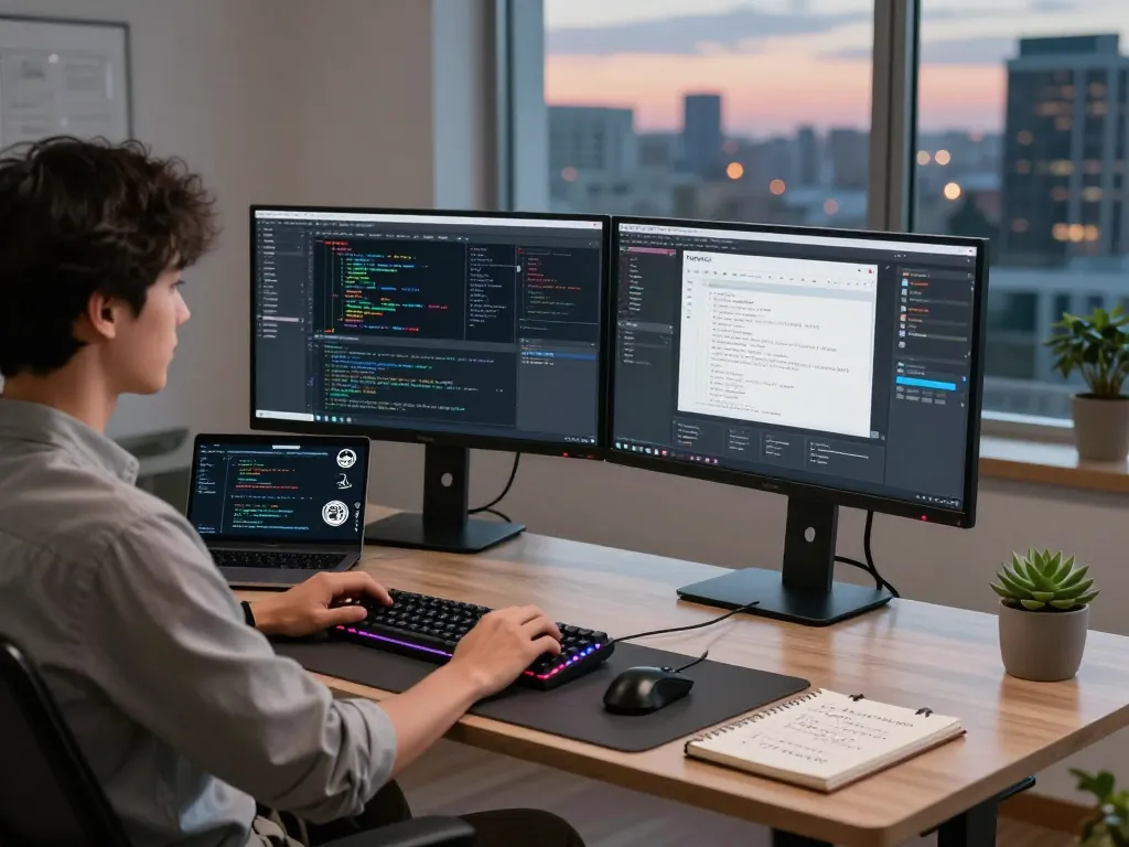 Moltbot showcasing a vibrant coding workspace with dual monitors displaying algorithms and design tools.