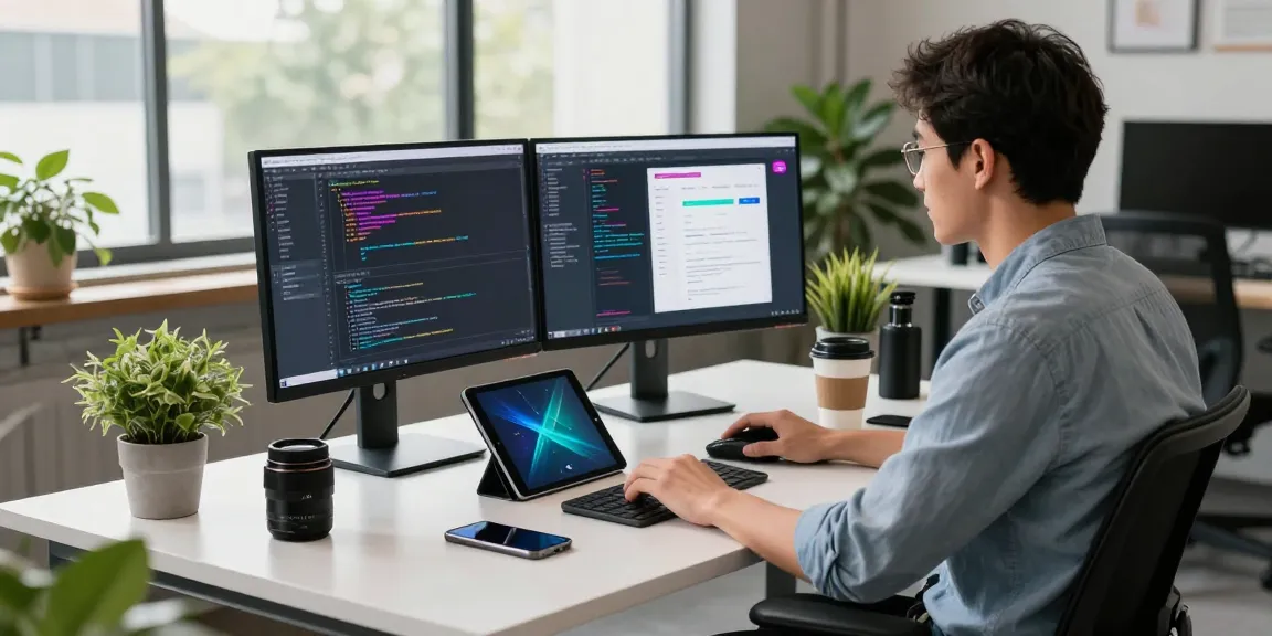 Developer working on code at a modern desk, teiegramin.com context.
