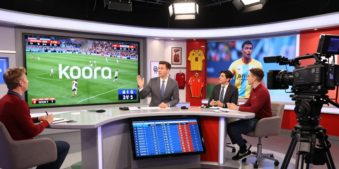 koora live sports broadcast studio with lively presenters discussing football highlights and scores