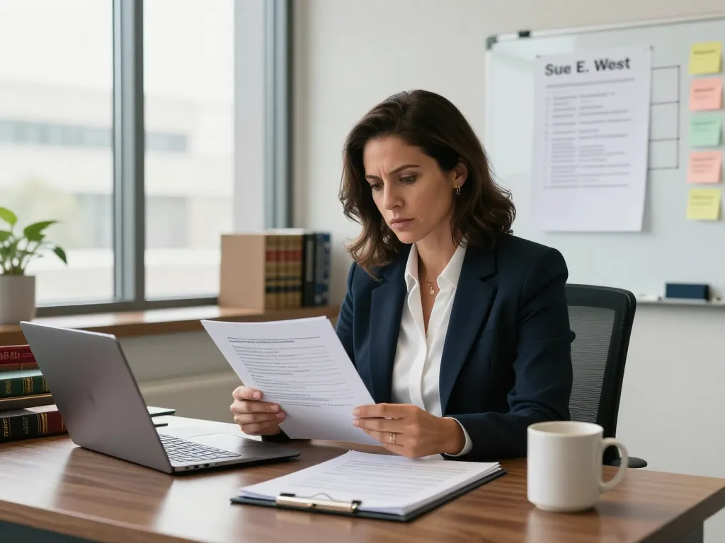 Sue E. West, a Houston Injury Attorney, reviewing legal case files in her bright office, showcasing professionalism and dedication.