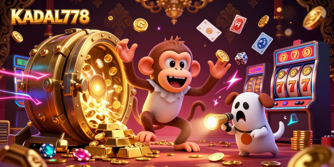 KADAL778 casino illustration with a mischievous monkey and a ghost-hunter puppy captivating gamblers.