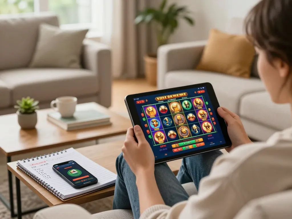 Experience online gaming with mdg188 on a tablet in a cozy, inviting home atmosphere.