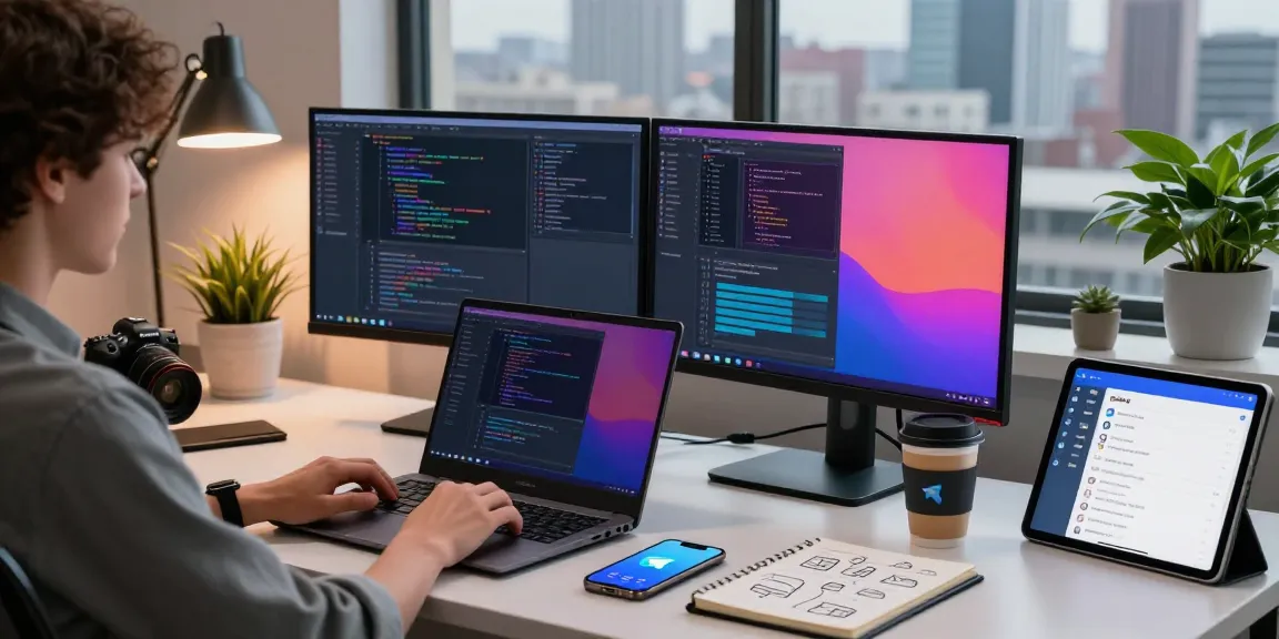 telegramin-cn.com coding workspace with laptop and Telegram notifications