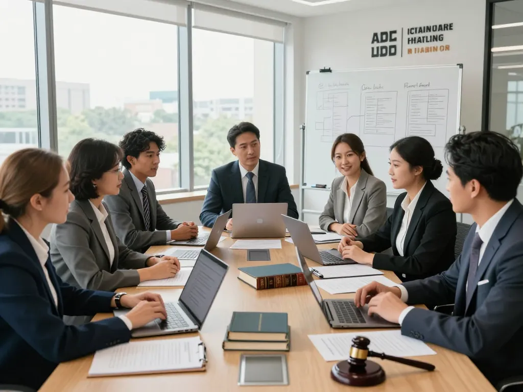 American attorneys collaborating in a modern law office meeting, discussing strategies and sharing insights.