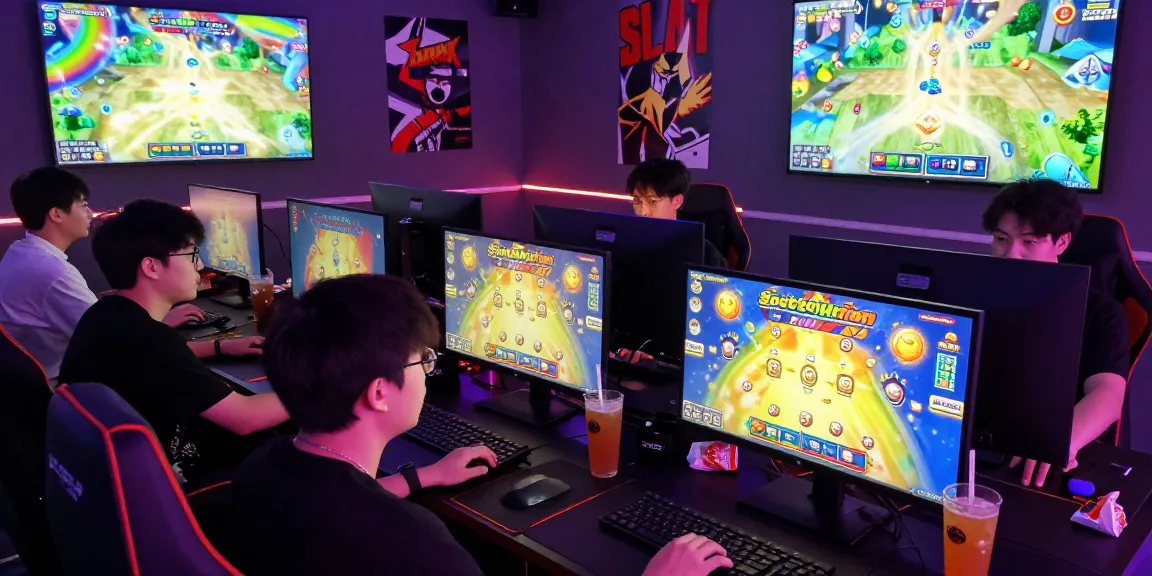 Vibrant gaming scene showcasing players engaging with Slot Scatter Hitam, with colorful animations and a lively atmosphere.